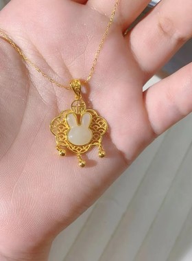 金包银如意锁珠宝镶嵌天然和田玉兔祥云国风设计款锁骨链中秋礼物