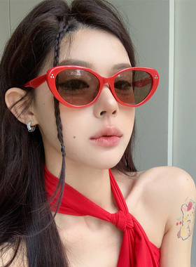 复古红色椭圆猫眼太阳镜防紫外线