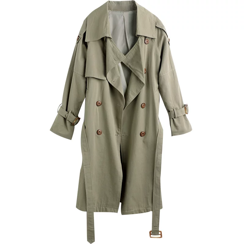 Trench coat, green colored long jacket, Korean style, maxi length, internet celebrity