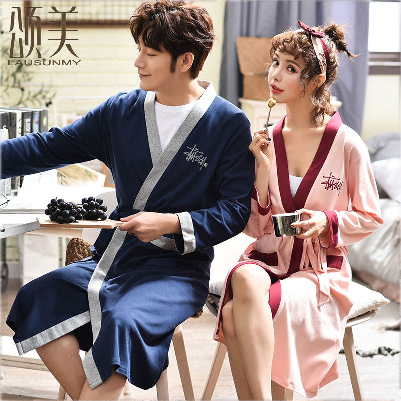 夏季情侣夏纯棉八分袖中长款男睡袍 颂美睡袍/浴袍