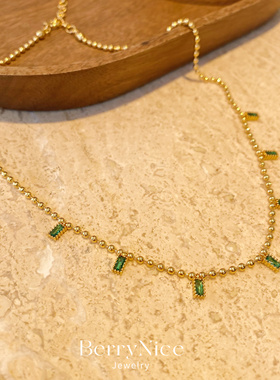 祖母绿方形锆石项链欧美圆珠链森林系复古精致大气唯美女锁骨链