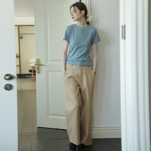 春也白 复古圆领松弛感莱赛尔条纹短袖T恤女夏款百搭显瘦正肩上衣 - 图0