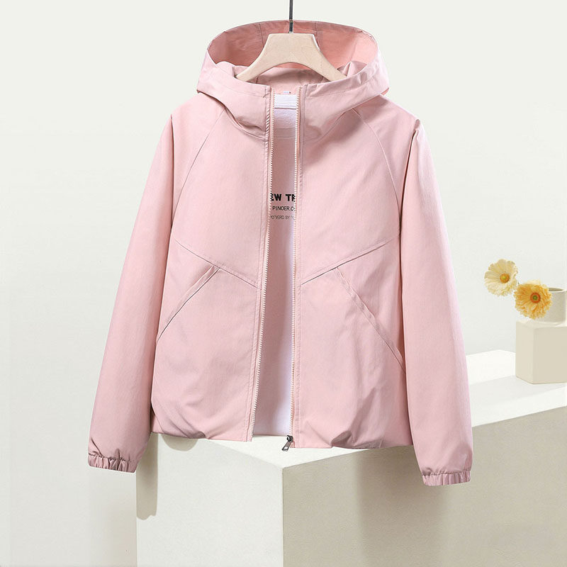 2026春季新款女修身防水防风防污短款连帽外套气质拉链冲锋衣外套