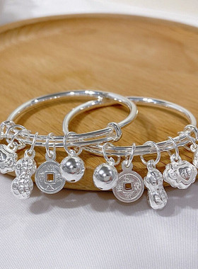 正品香港正生五宝花生福铃铛纯银手镯足银9999男女宝宝儿童小孩银