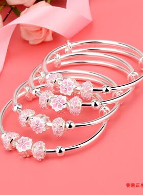 正品香港正生纯银花朵kt猫宝宝手镯足银999送新生儿女宝生日周岁