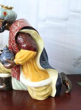 外贸出口乡村彩绘马槽组雅致陶瓷人物三王圣诞场景摆件装饰品礼物