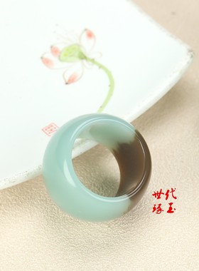 和田玉且末蓝带糖扳指男新疆玉湖水蓝带糖鼓面指环玉石扳指戒指