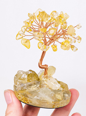 跨境天然水晶原石碎石发财树 滴胶树脂圆盘底座家居桌面装饰摆件