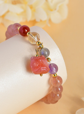 批发天然水晶草莓晶醒狮手链新中式原创复古民族风时尚女士手串