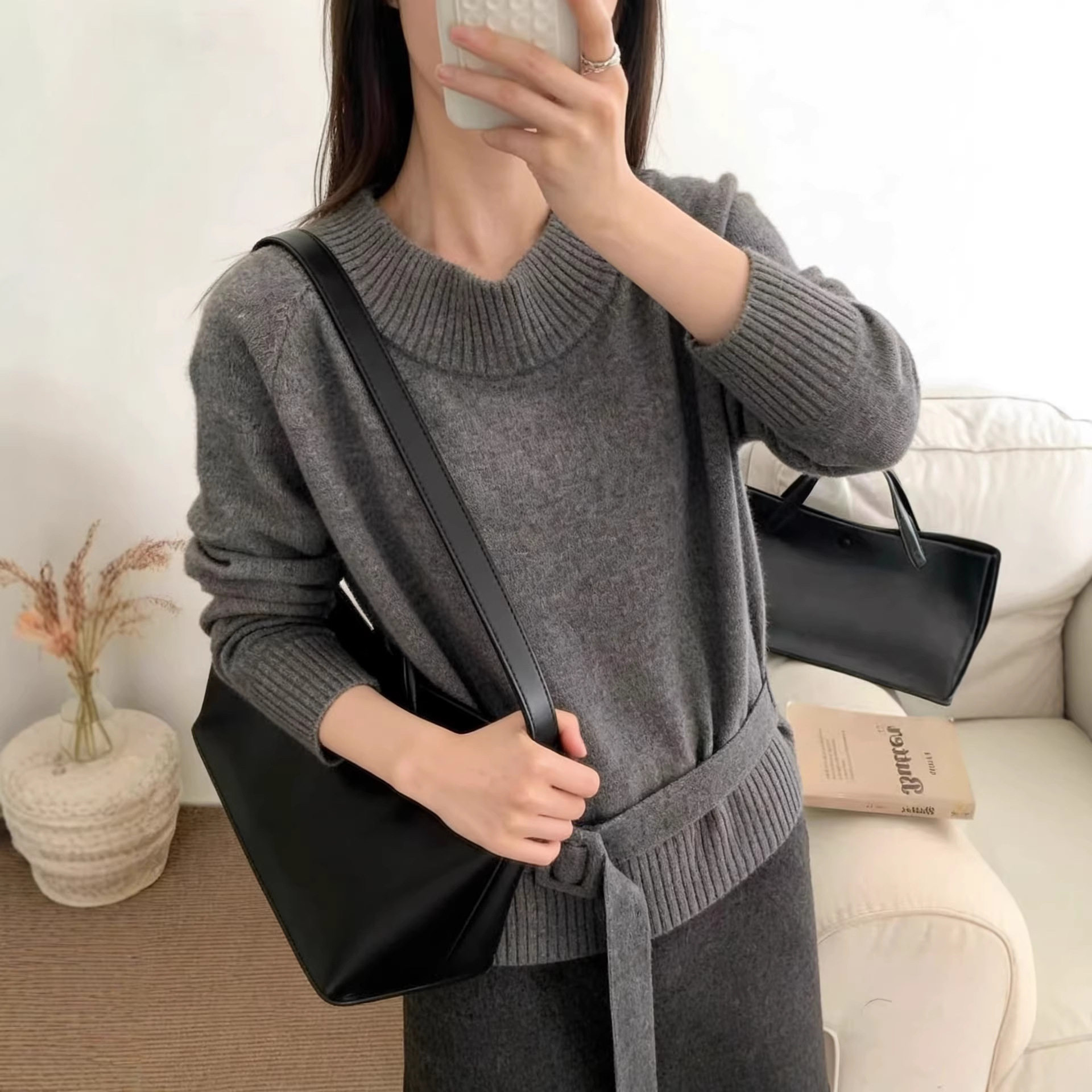 灰色欧洲站冬季女一字领羊驼绒系腰带显瘦羊毛针织衫毛衣女外套KJ,淘宝优惠券,粉丝福利购,淘宝优惠卷