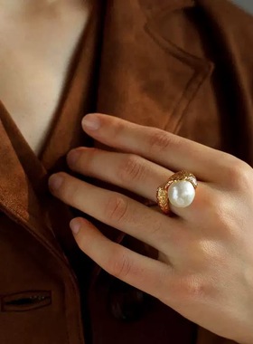 ins欧美风天然巴洛克珍珠红玛瑙水晶简约时髦冷淡风开口戒指指环