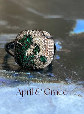 梵高Italy星月夜满钻祖母绿白钻手工镶嵌南非黑金戒指