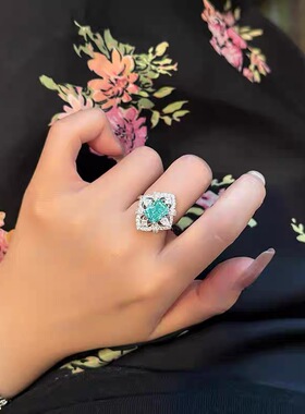 奢华人工培育帕拉伊巴戒指女士复古宫廷蕾丝碧玺绿蓝宝石彩宝钻戒