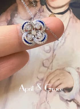 通体精工分量足纯银S925幸运草蓝月牙白金项链