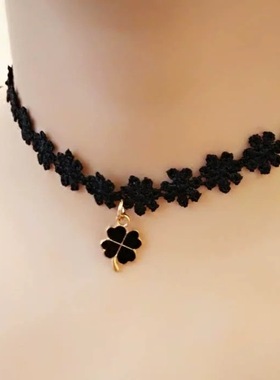 法式复古黑色蕾丝四叶草颈链甜酷辣妹风高雅别致新款choker锁骨链