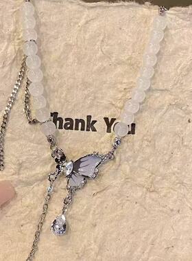 法式蓝色鸢尾花珍珠项链女小众感可抽拉锁骨链轻奢设计感颈链百搭