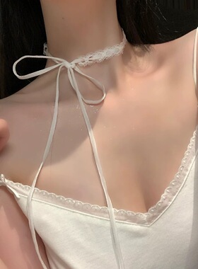 外贸白色蕾丝choker蝴蝶结绑带项链叠戴层次感颈链锁骨链项圈百搭
