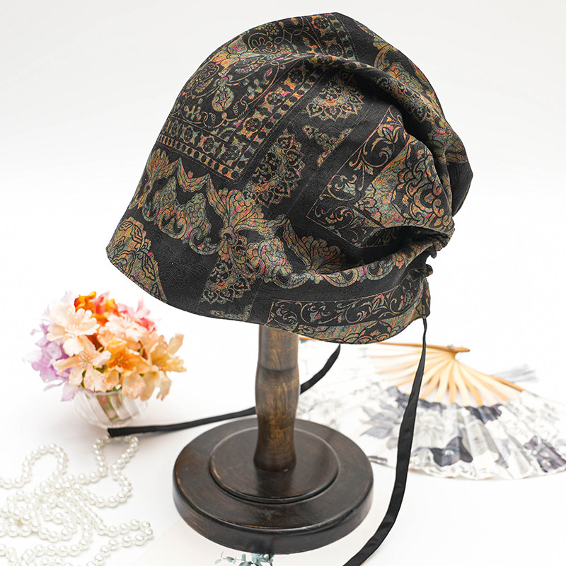 【包头帽】香云纱春秋夏季桑蚕丝睡觉遮白发真丝空调帽防风护头帽