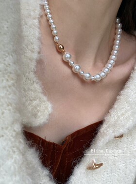 精致简约强光施华洛珍珠项链大小混珠金球磁吸扣ins不对称毛衣链