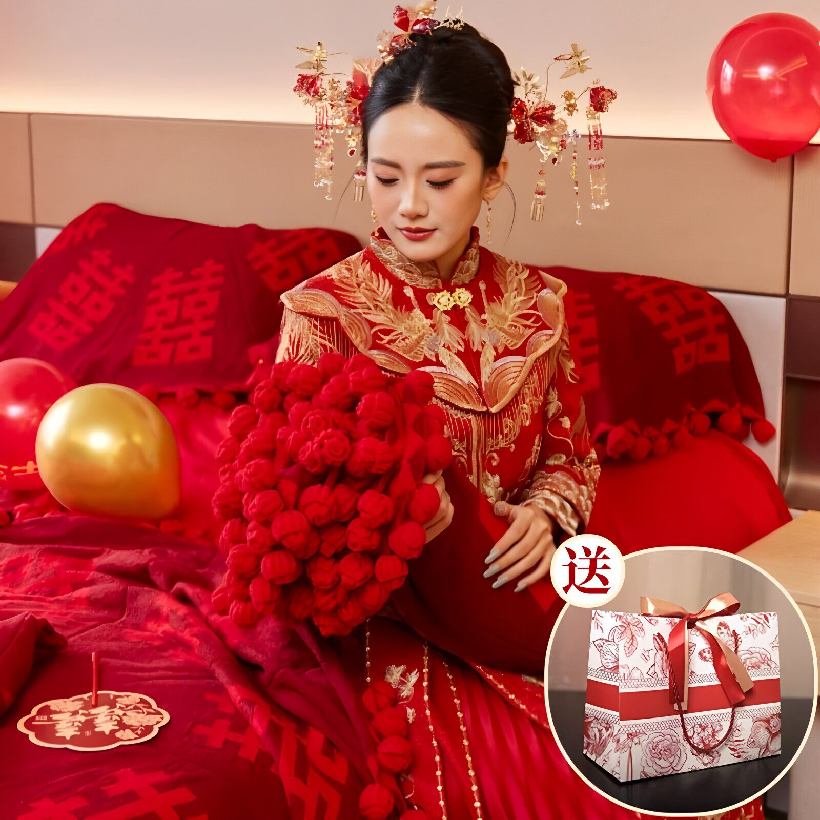 结婚送新人礼物红色喜字手织毛毯玫瑰花束毯软糯舒适婚庆高档实用