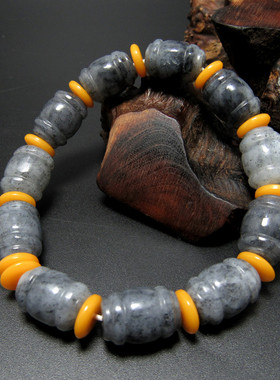 新疆和田玉墨玉籽玉灯笼珠手链细腻油润水墨青花籽料桶珠手钏送证