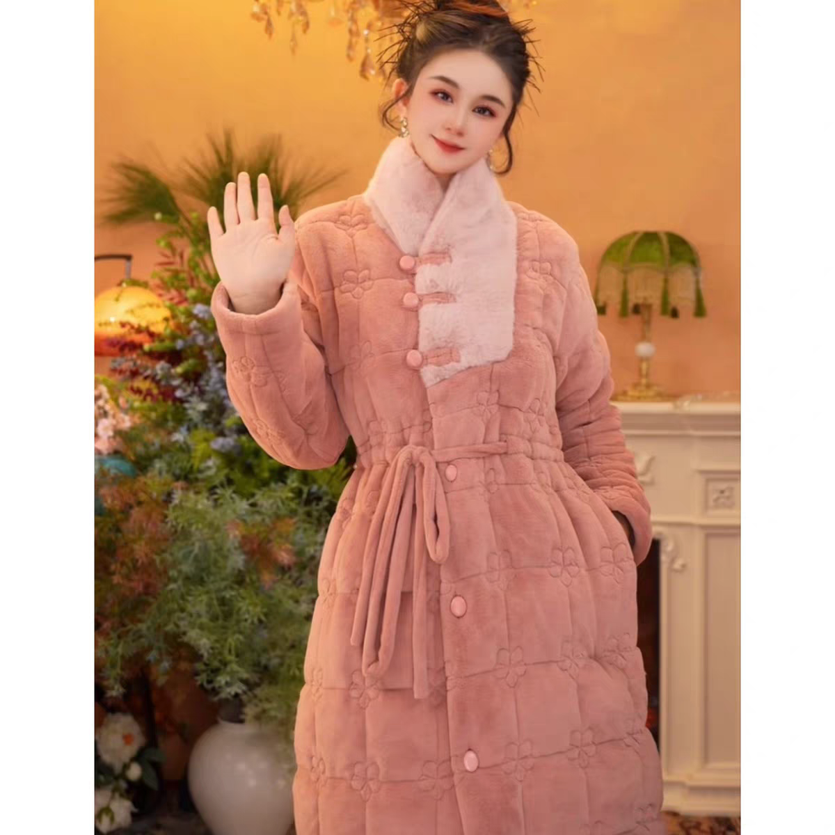 珊瑚绒睡衣女冬季三层夹棉家居服中长款睡袍女冬款加绒保暖夹棉裤,淘宝优惠券,粉丝福利购,淘宝优惠卷