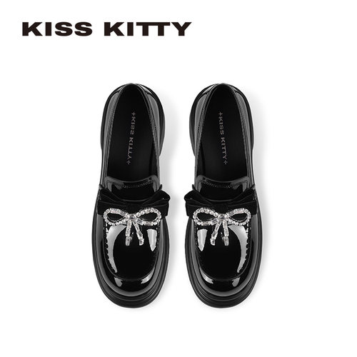 KISSKITTY一脚蹬乐福鞋厚底粗跟英伦风小皮鞋通勤百搭蝴蝶结单鞋 - 图3