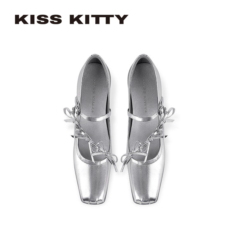 KISSKITTY玛丽珍鞋女2026春新款银色平底芭蕾舞鞋浅口方头单鞋,淘宝优惠券,粉丝福利购,淘宝优惠卷