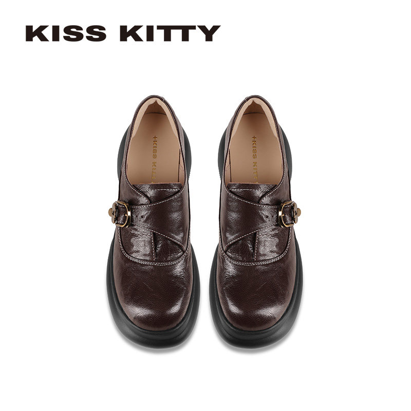 KISSKITTY乐福小皮鞋女2026春新款厚底圆头皮带扣学院风深口单鞋