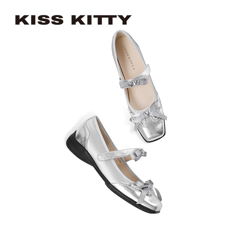 KISSKITTY甜心女孩 法式银色玛丽珍鞋蝴蝶结仙女风平底浅口单鞋女,淘宝优惠券,粉丝福利购,淘宝优惠卷