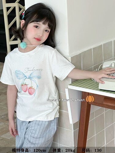 NGT夏季女童短袖t恤甜美草莓蝴蝶结好搭棉软弹力辣妹短款洋气 - 图1