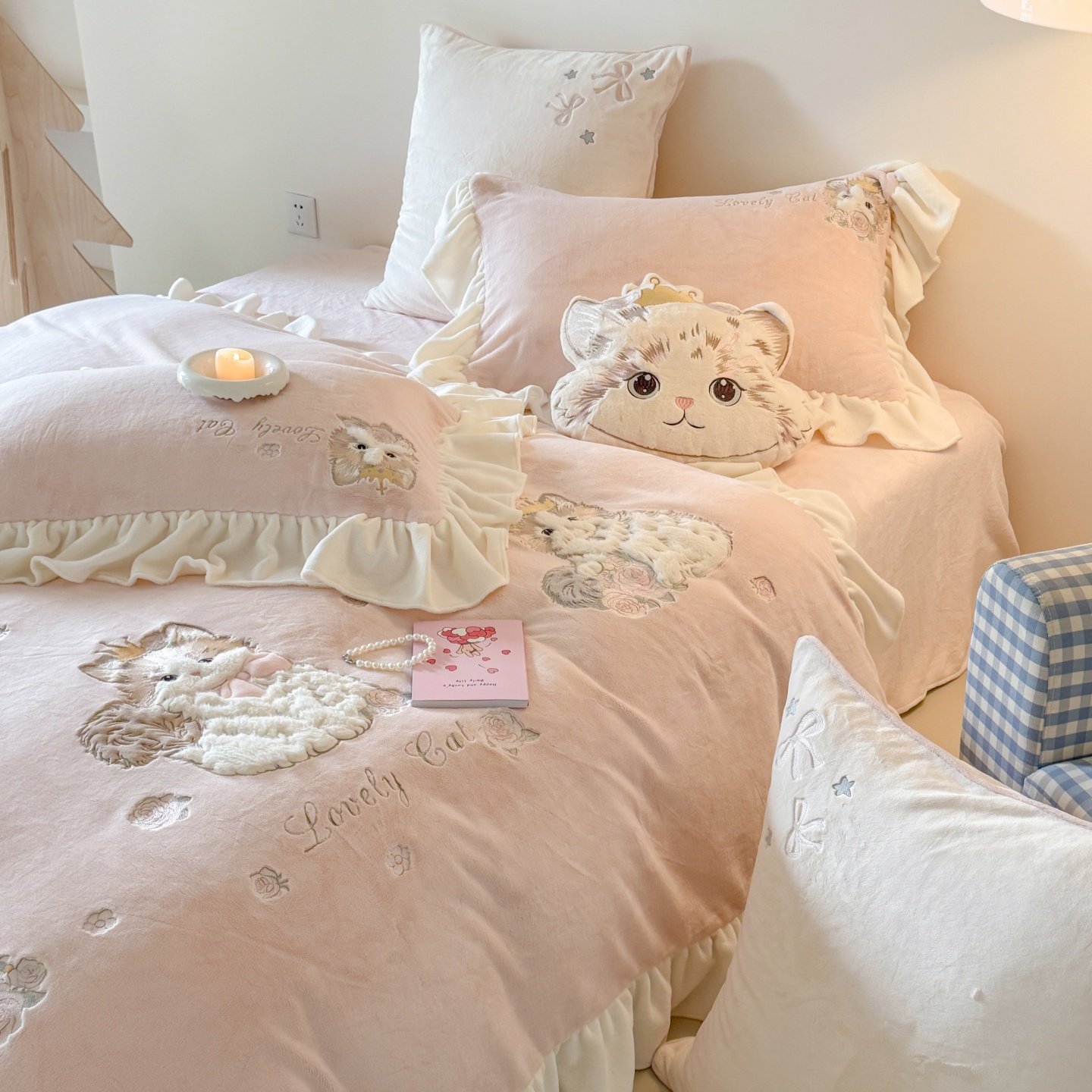 冬季卡通少女猫咪加厚牛奶绒四件套珊瑚绒被套床单公主风床上用品,淘宝优惠券,粉丝福利购,淘宝优惠卷