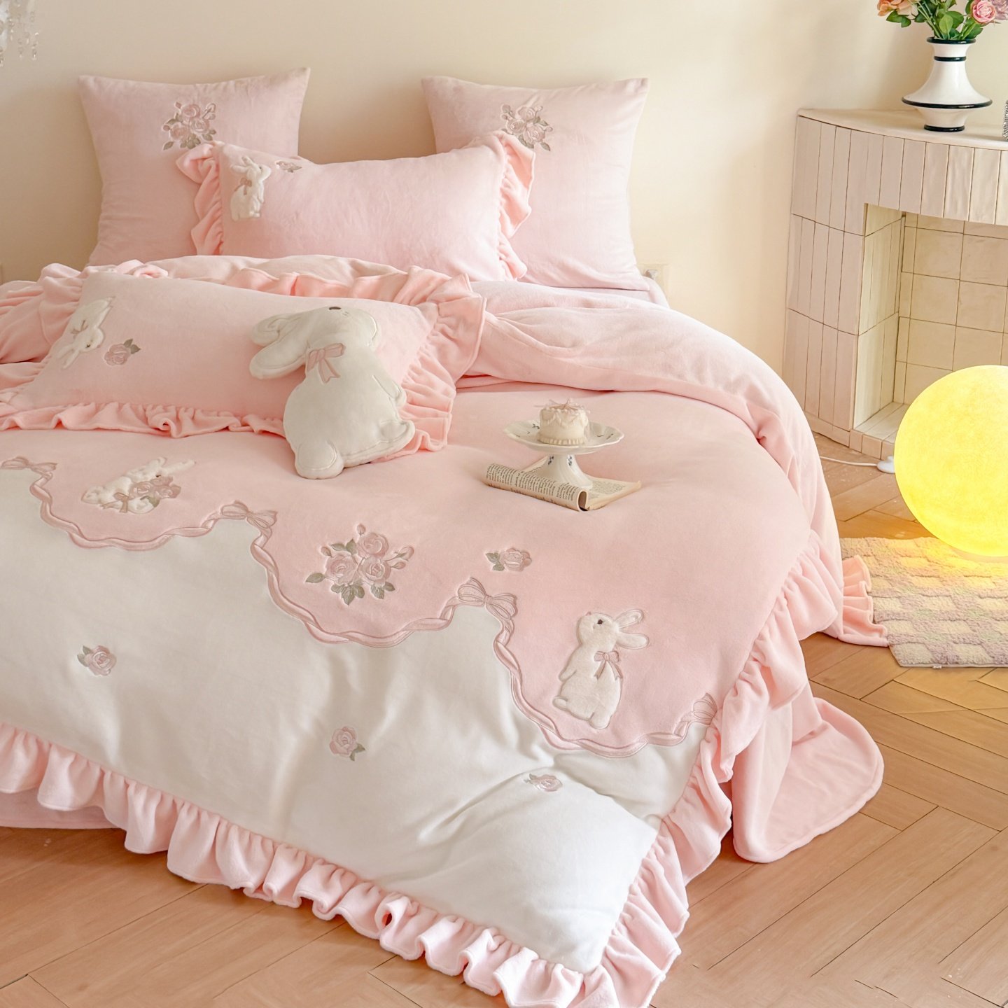 冬季少女可爱兔子牛奶绒四件套加厚公主风珊瑚绒被套儿童床上用品,淘宝优惠券,粉丝福利购,淘宝优惠卷