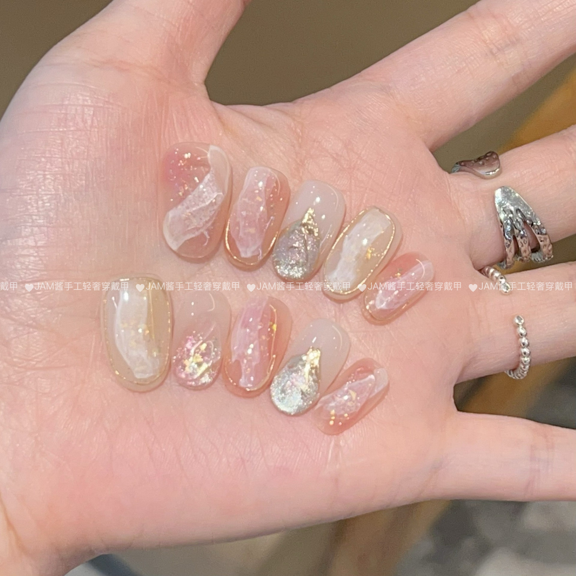 蔷薇少女 新款纯手工穿戴甲中长款粉色多层晕染穿戴美甲贴高级感,淘宝优惠券,粉丝福利购,淘宝优惠卷