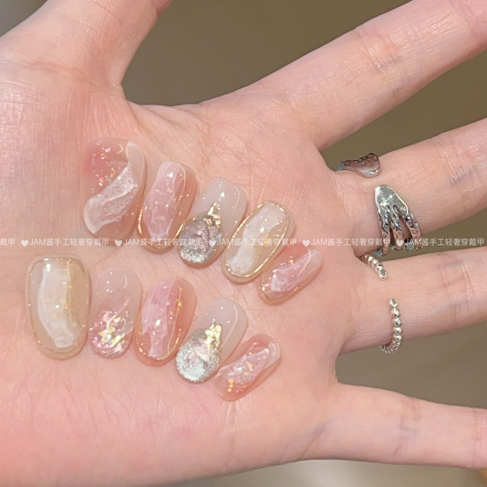 蔷薇少女 新款纯手工穿戴甲中长款粉色多层晕染穿戴美甲贴高级感,淘宝优惠券,粉丝福利购,淘宝优惠卷