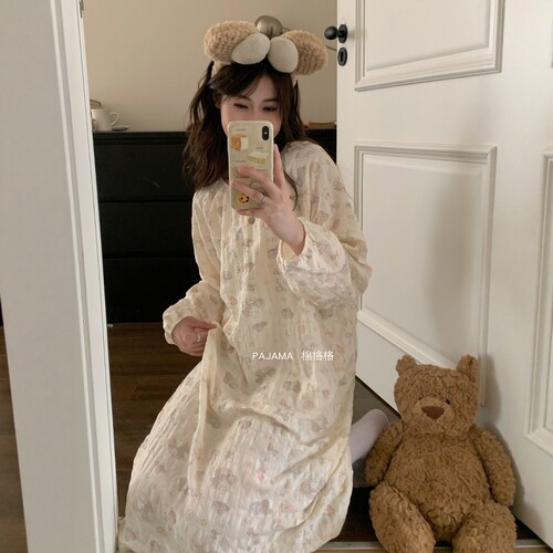 睡裙女春秋季长袖甜美可爱ins公主风宽松休闲睡衣中长裙子家居服 - 图0
