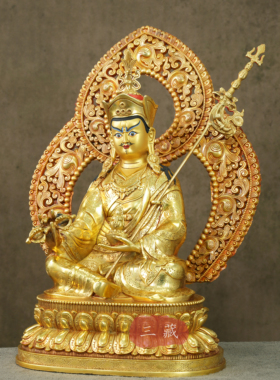 藏传铜鎏金佛像莲花生大师双莲座