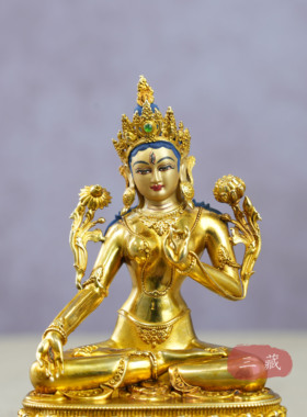 藏传纯铜全鎏金白度母佛像10cm