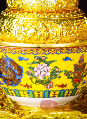 藏传纯铜鎏金上师茶碗21cm尼泊尔古法手工錾刻工艺民族桌面摆件