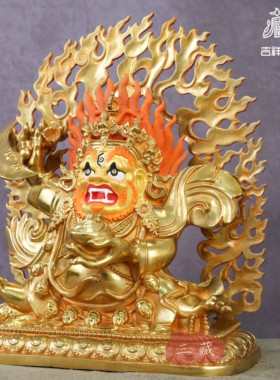 藏传纯铜鎏金二臂玛哈嘎啦佛像密宗家用黑袍大黑天护法铜像摆件