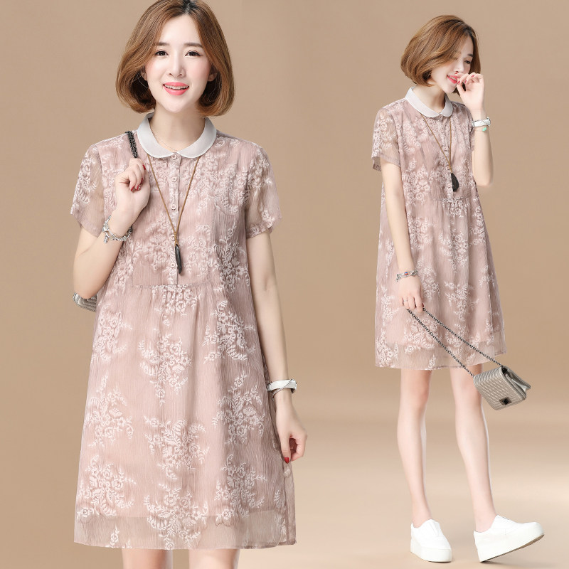 九月陌墨 2018夏季新款女装娃娃领印花雪纺连衣裙女 中长宽松裙子