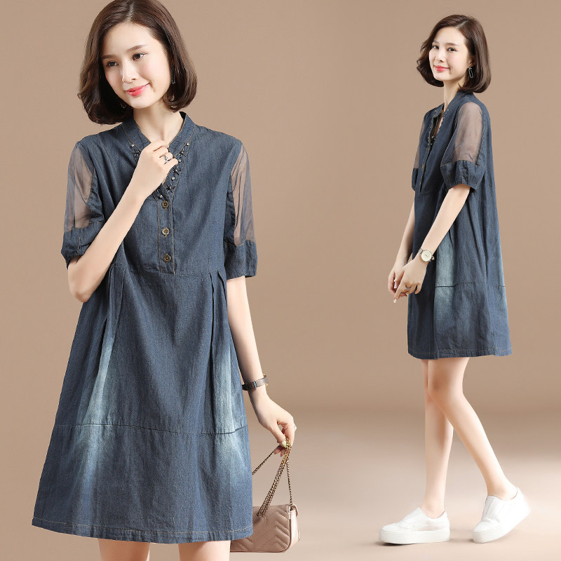 九月陌墨 2018夏季新款女装欧根纱立领牛仔连衣裙 高腰显瘦A字裙