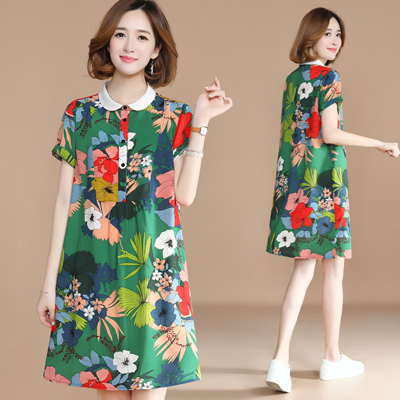 九月陌墨 2018夏季新款女装娃娃领印花雪纺连衣裙女 中长宽松裙子