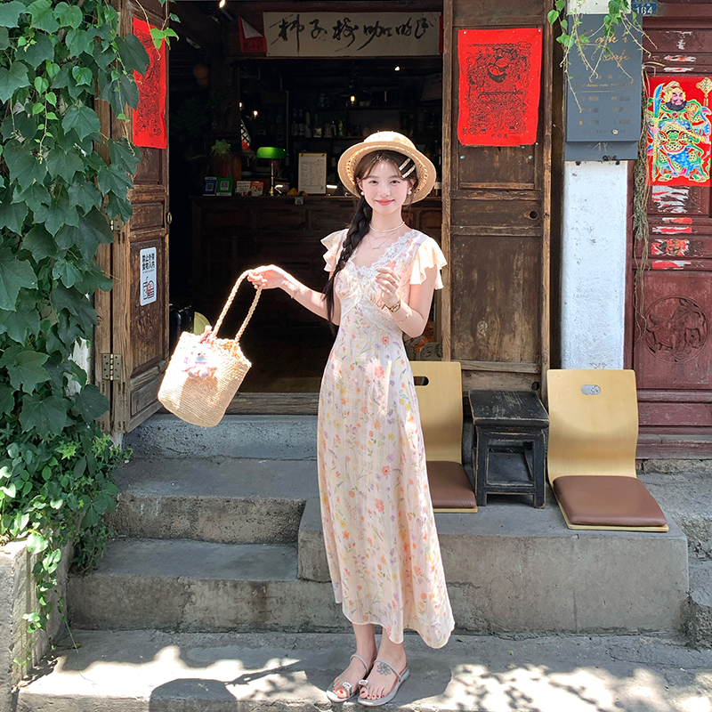 Acaine洋甘菊夏日/蕾丝V领碎花吊带连衣裙女夏季法式复古气质裙子 - 图0