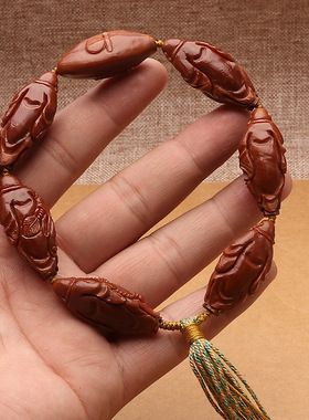 天然鸡血红老挝料收藏级手工雕刻六合同春弥勒佛文玩单圈手串把件