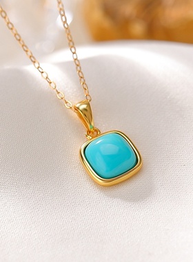 S925镀金绿松石方形吊坠项链