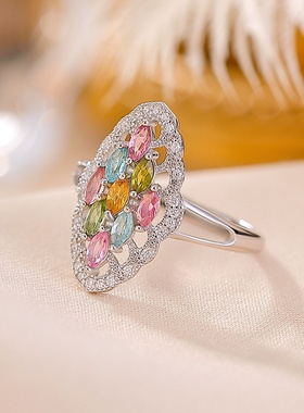 壹鹿银彩色碧玺s925纯银时尚几何菱形轻奢气质开口银戒指指环