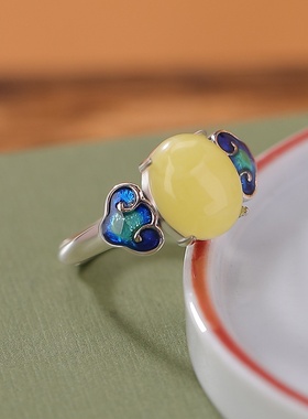 S925纯银蜜蜡景泰蓝祥云开口戒