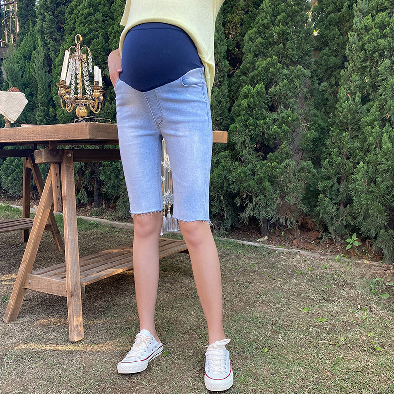 孕妇夏蓝色五分短裤弹力外穿牛仔裤 Mommystyle司妃孕妇装孕妇阔腿裤