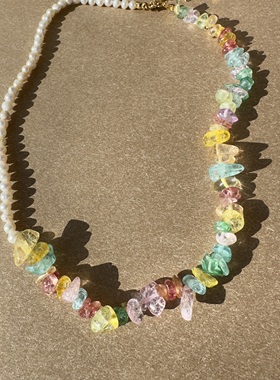 新款欧美文艺复古蓝色花纹石天然珍珠串珠项链黄铜镀金气质手链女